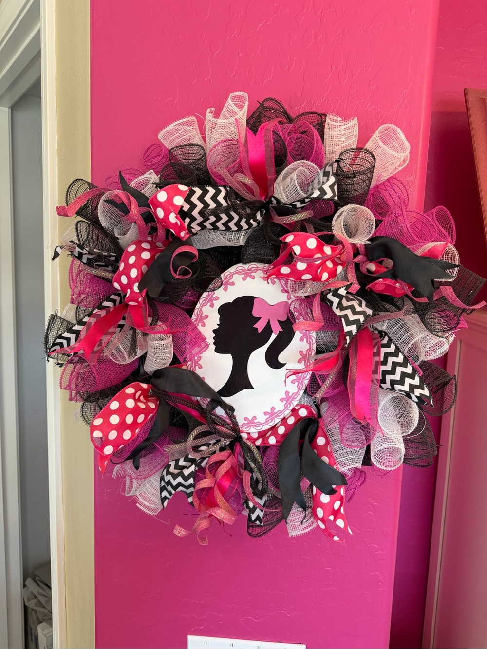 Pink & Black Girl Silhouette Party Wreath - Decorative Door Accent